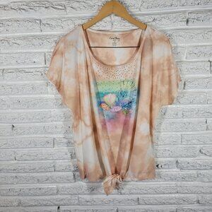Coral Bay Womens Top 2X Plus Tee Tan Tie Dye Marine Life Front Tie TIE11E